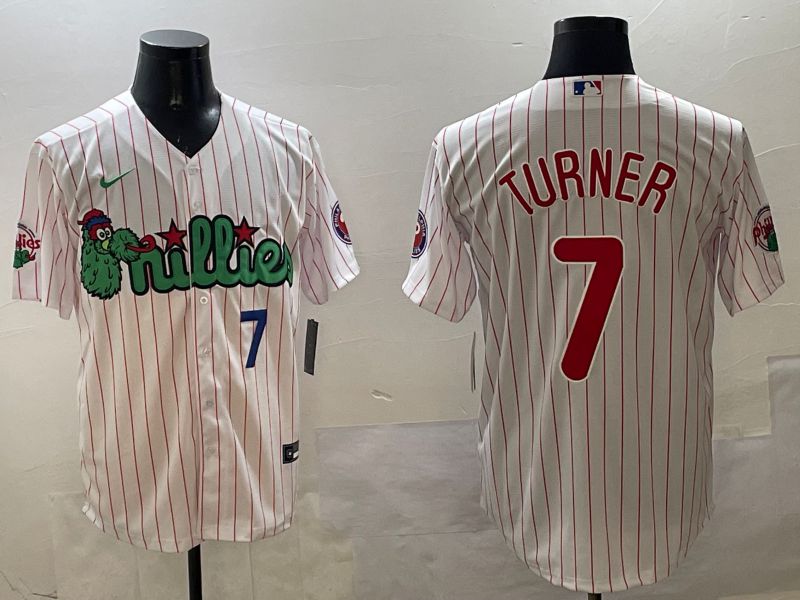 Men Philadelphia Phillies 7 Turner White Stripe Three generations Joint Name Game 2025 Nike MLB Jersey style 4